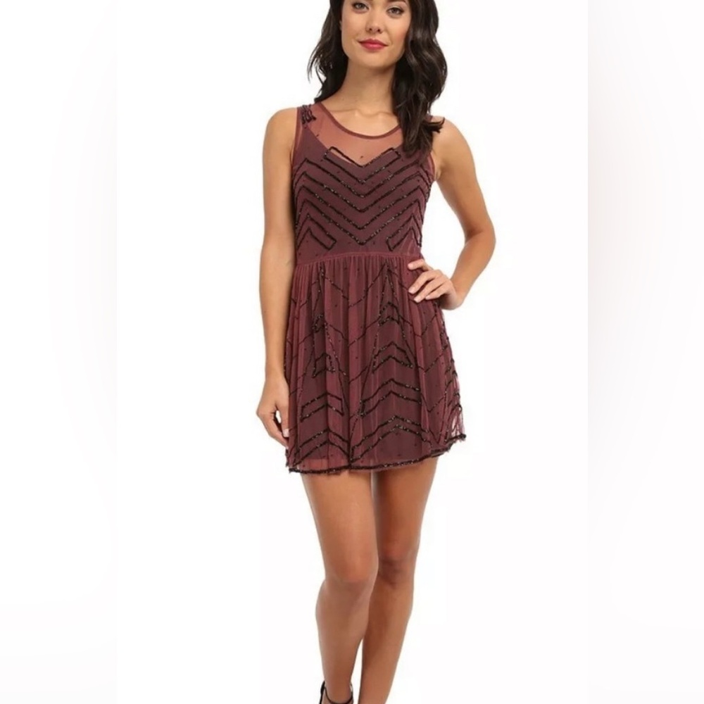 Free People Women Sheer Mesh Beaded Mini Embellished Slip